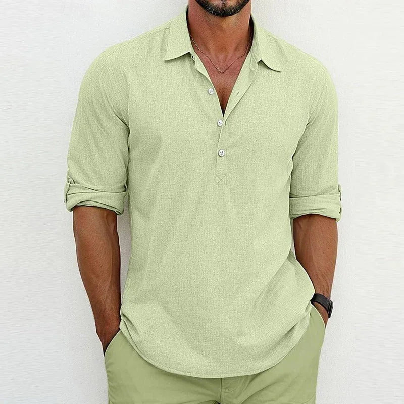 Men's green linen button-up shirt with short sleeves and open collar