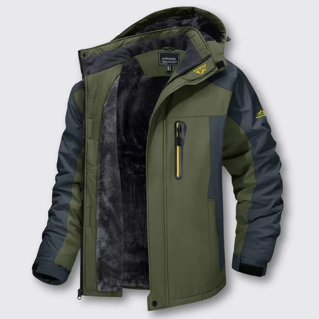 Olive-green winter jacket with black faux-fur lining, yellow zip, hood