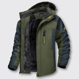 Olive-green winter jacket with black faux-fur lining, yellow zip, hood