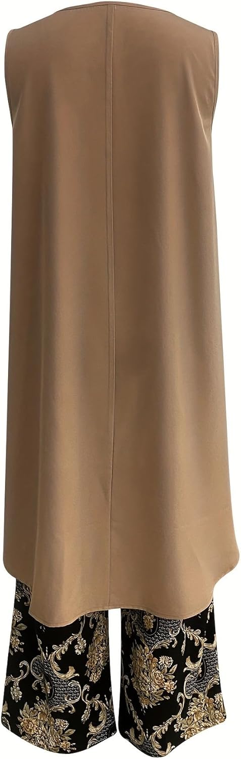 Back view of taupe sleeveless tunic with black gold paisley wide-leg pants