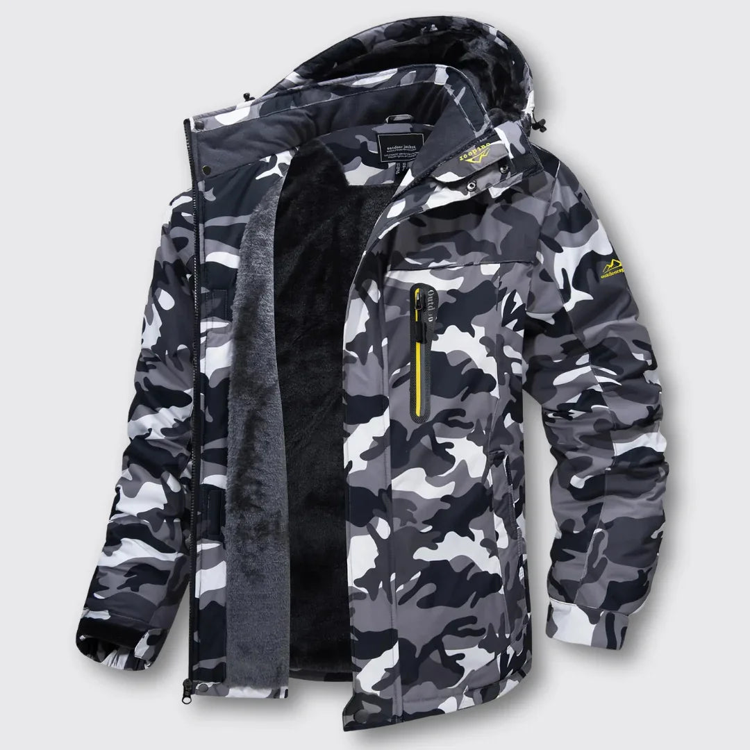 Camouflage winter jacket with black inner fleece and hood, zip front with pocket