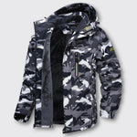 Camouflage waterproof winter jacket with black hood and black fleece lining, zip front