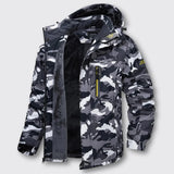 Camouflage waterproof winter jacket with black hood and black fleece lining, zip front
