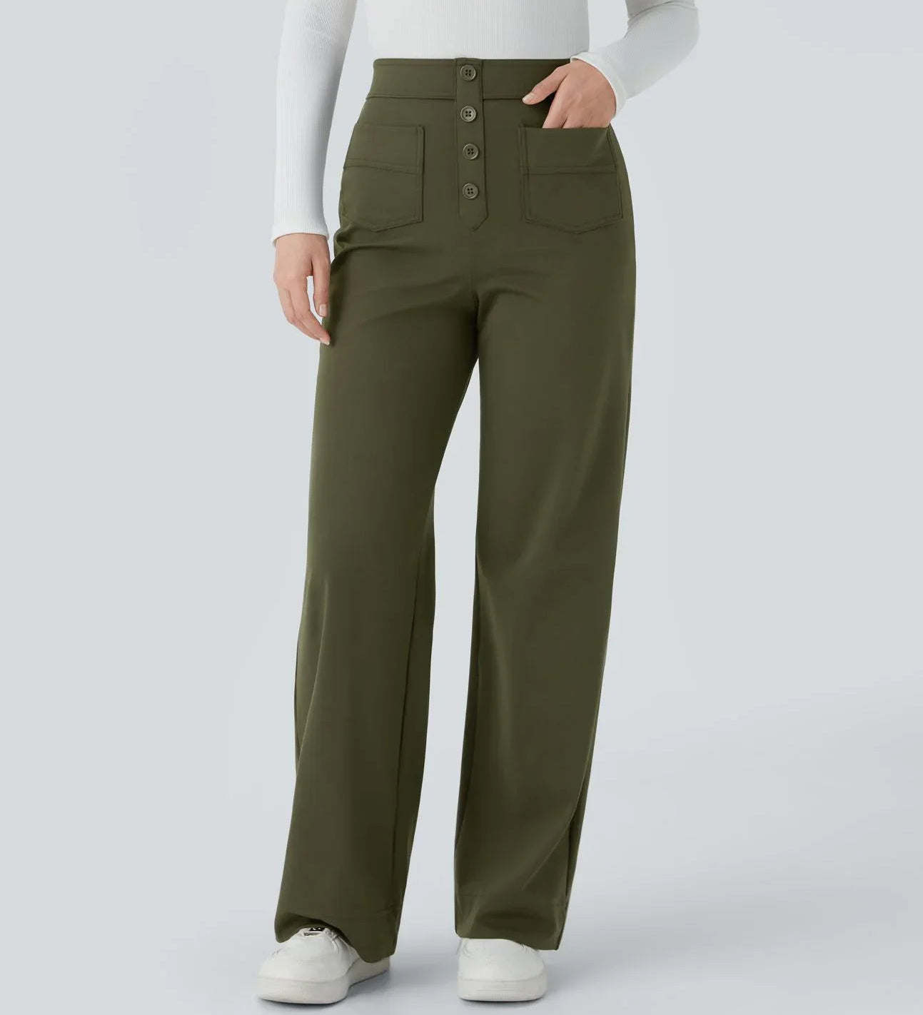 Olive-green wide-leg pants with four-button front and two front pockets