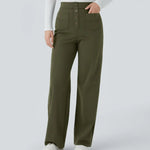 Olive-green wide-leg pants with four-button front and two front pockets