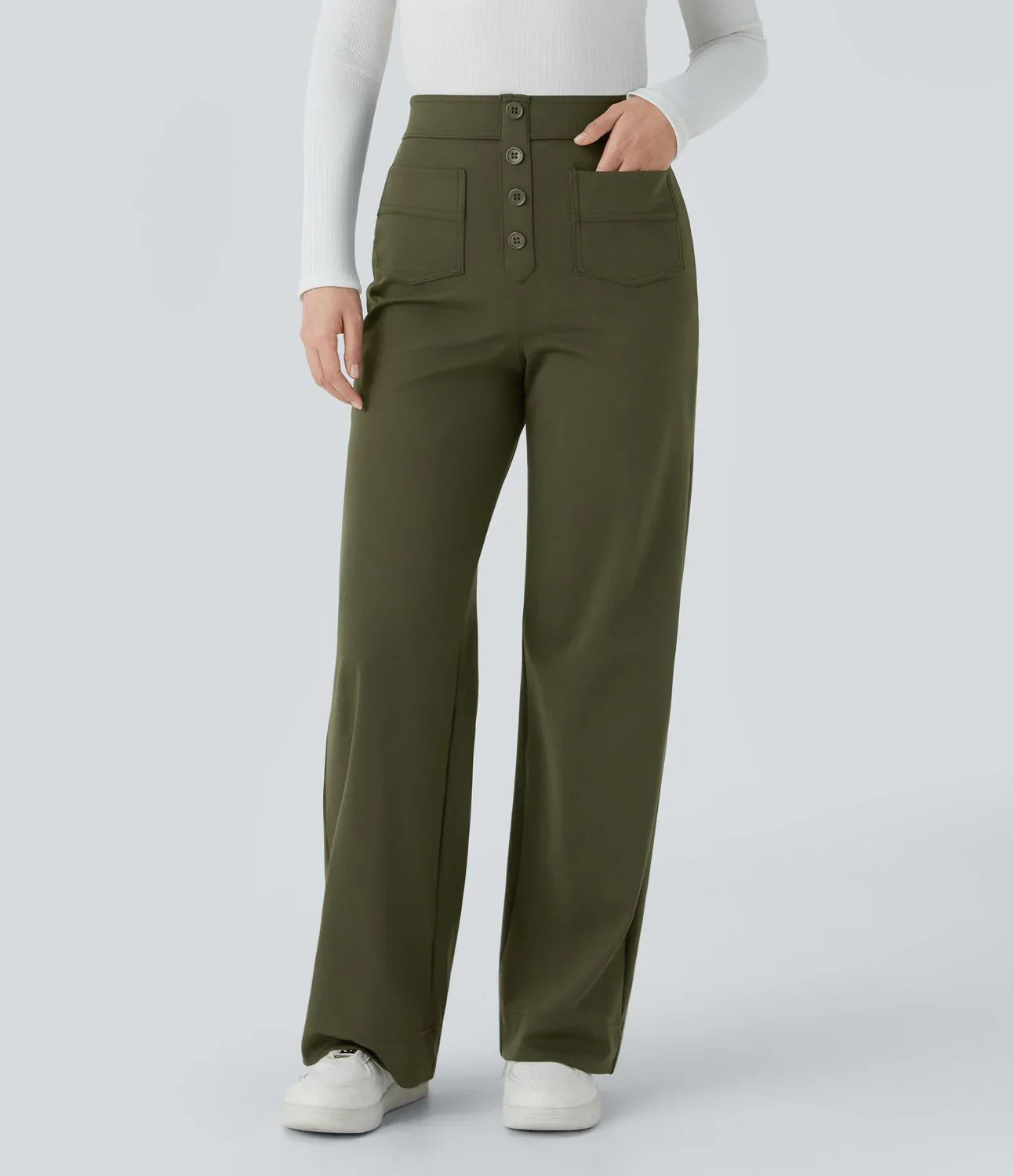 Olive-green wide-leg pants with four-button front and two front pockets