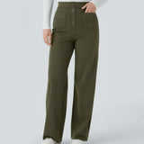 Olive-green wide-leg pants with four-button front and two front pockets