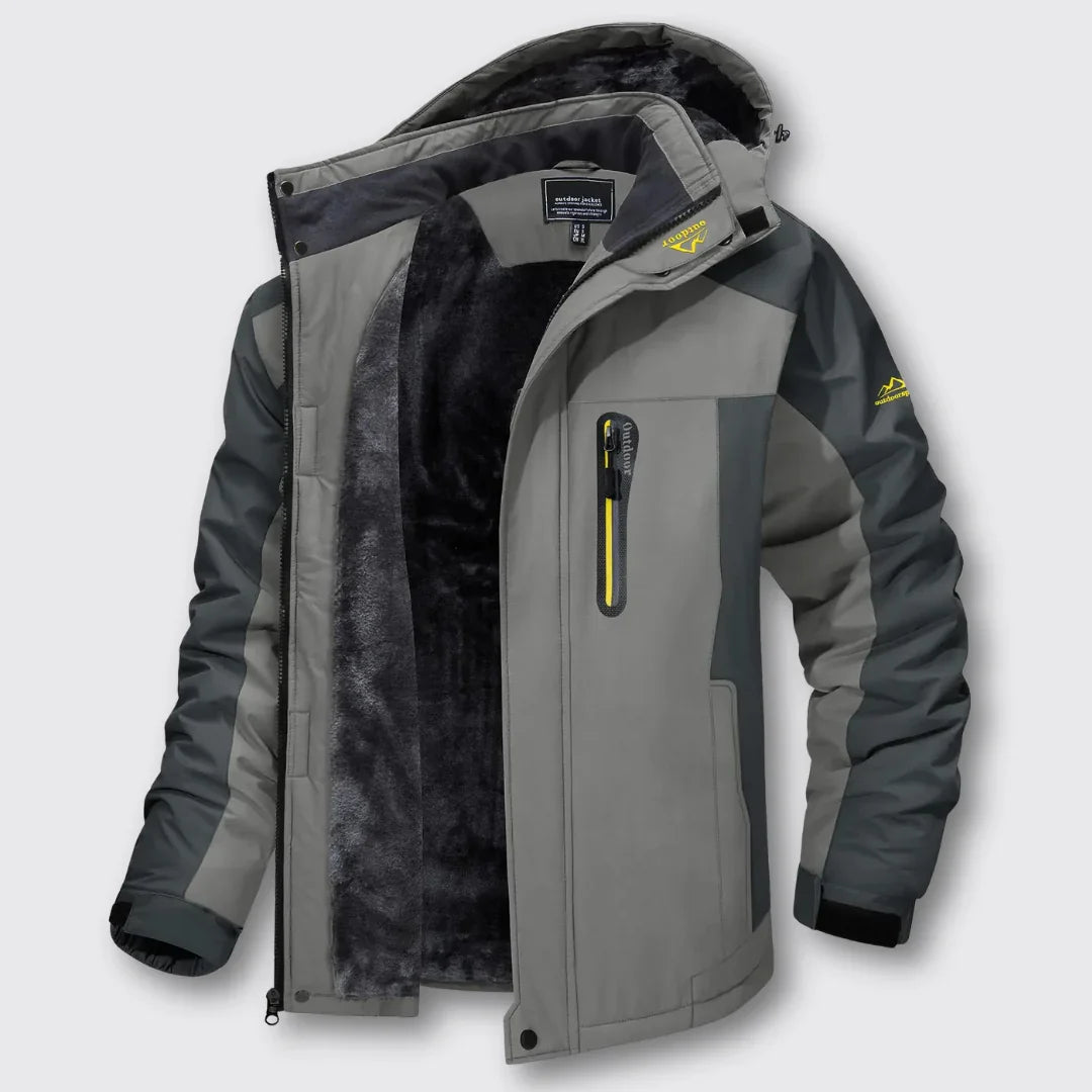 Gray waterproof winter jacket with black hood and black fleece lining, zip front