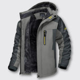 Gray waterproof winter jacket with black hood and black fleece lining, zip front
