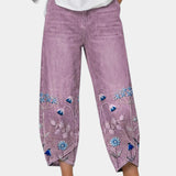 3/4-length casual pants, mauve with blue floral bird print on lower panels