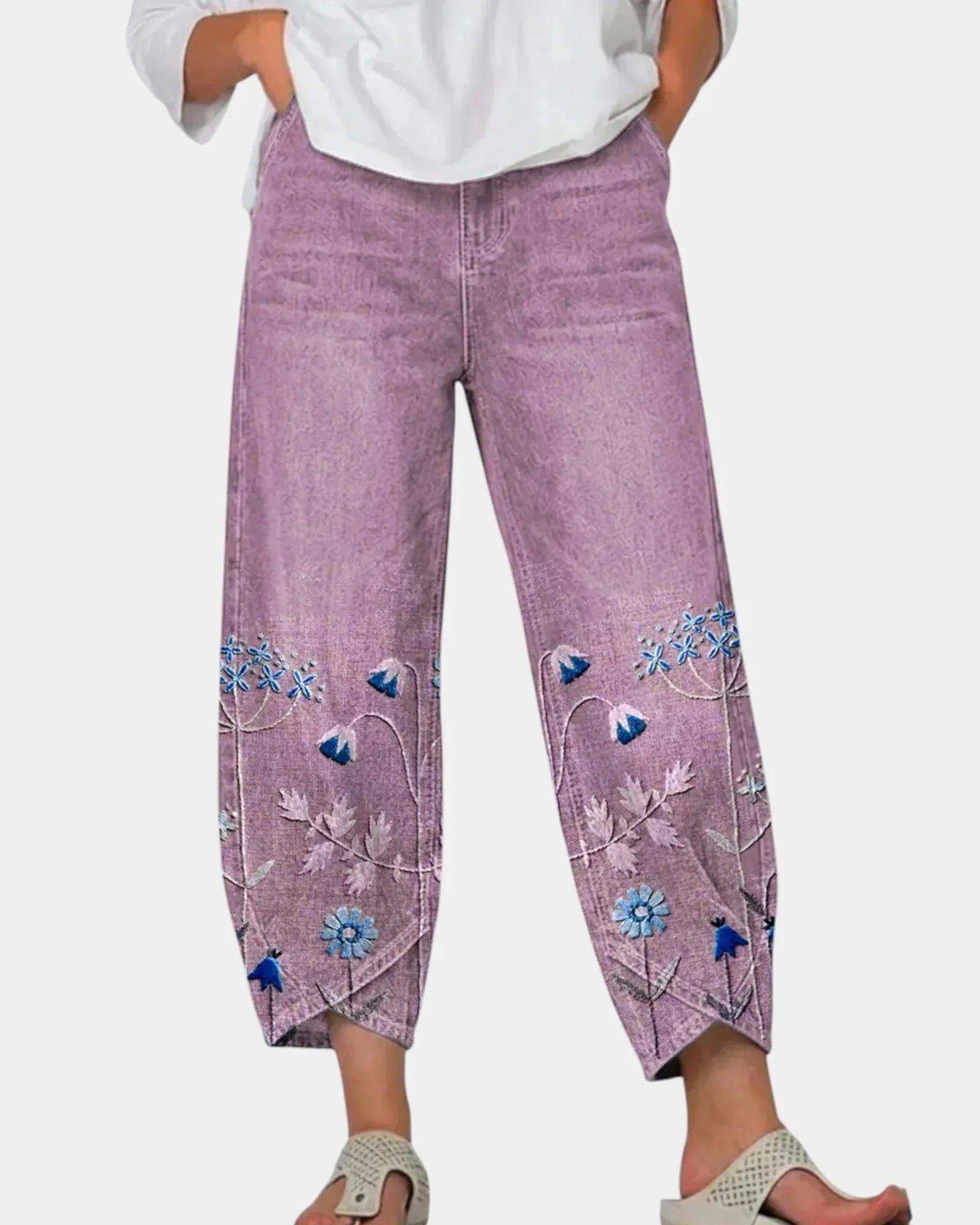 3/4-length casual pants, mauve with blue floral bird print on lower panels