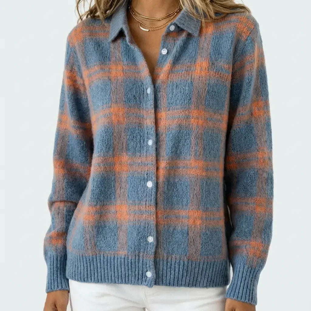 Light blue plaid wool cardigan with orange tones, V-neck button front and knit hem