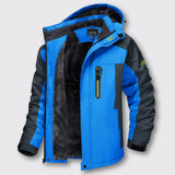 Bright blue winter jacket with yellow zip pocket and black faux-fur hood