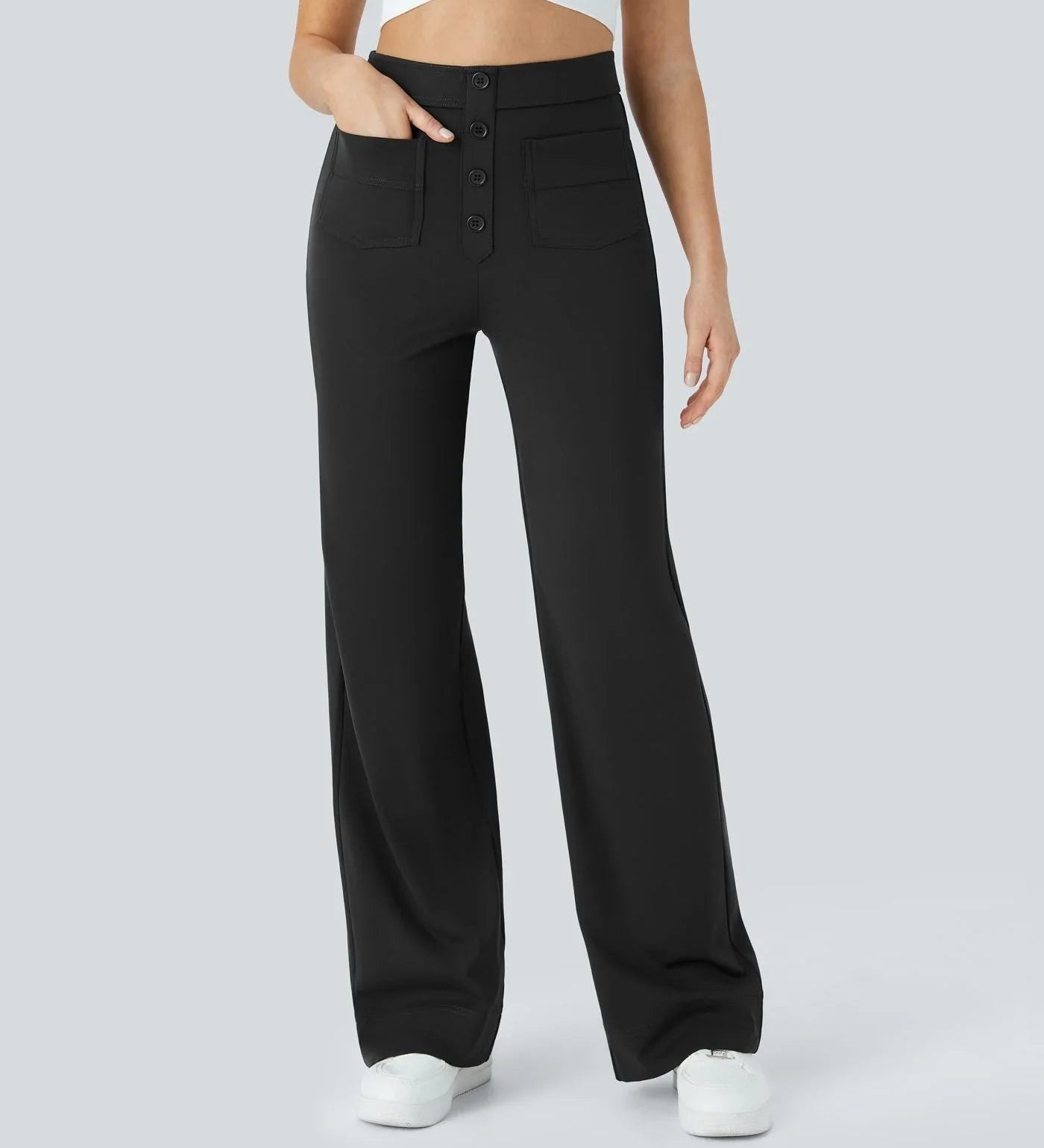 Black wide-leg pants with button-front and front pockets, elastic waist
