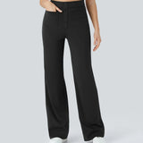 Black wide-leg pants with button-front and front pockets, elastic waist
