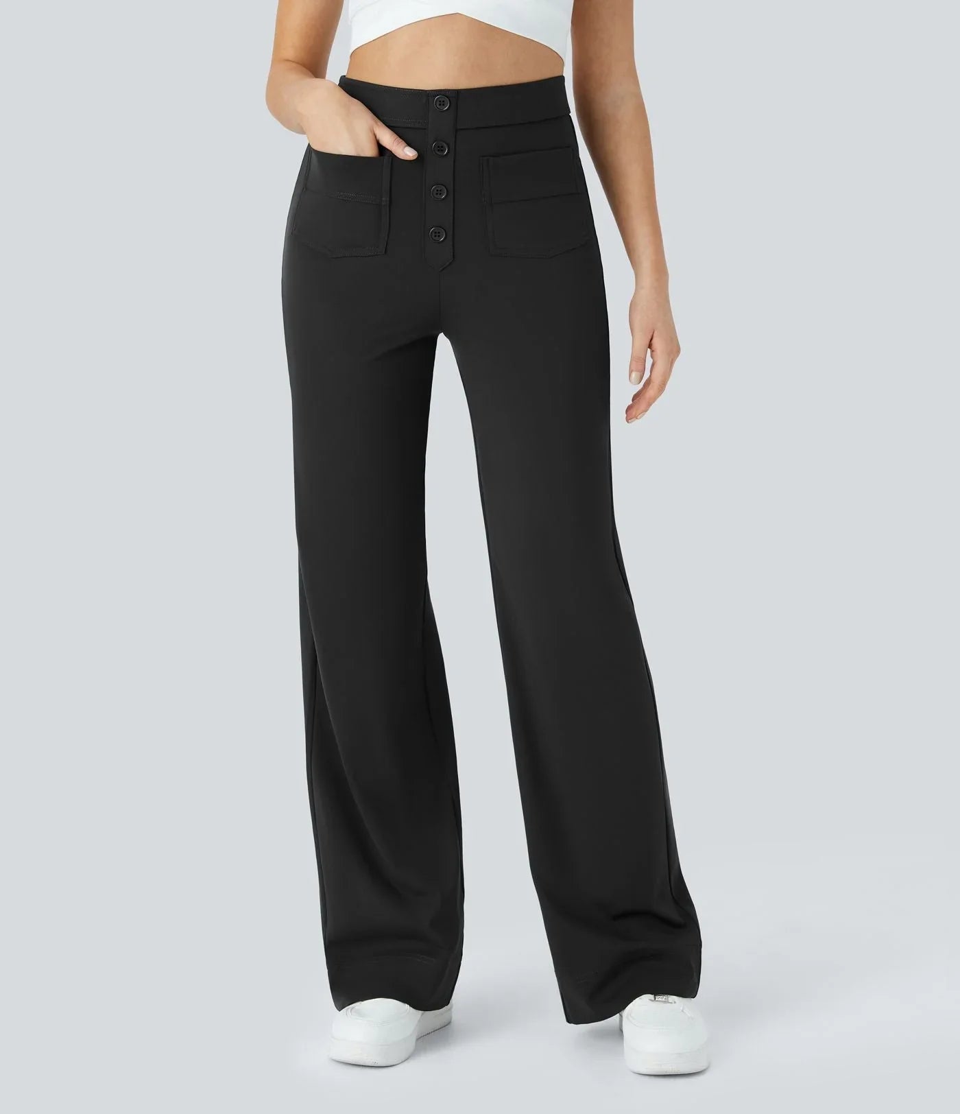 Black wide-leg pants with button-front and front pockets, elastic waist