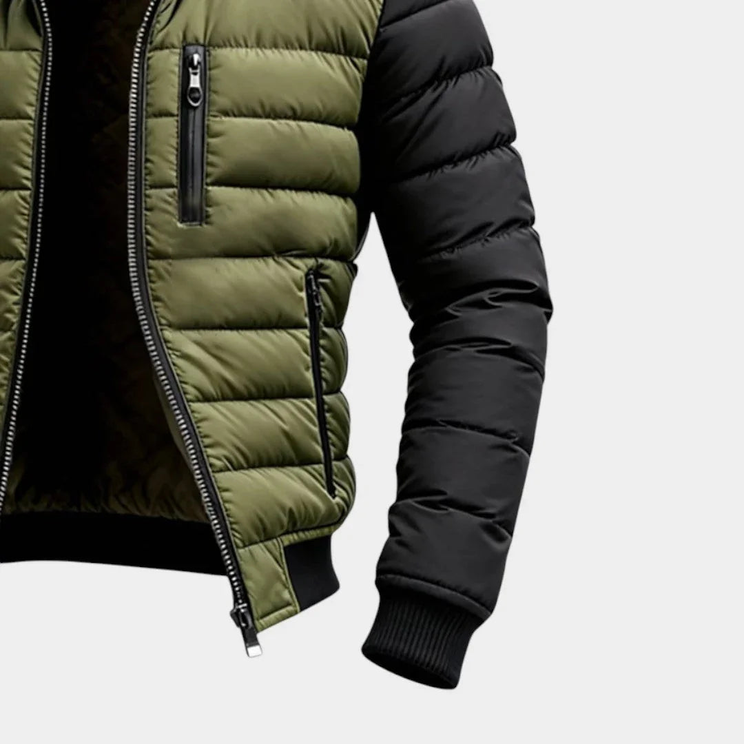Men's puffer jacket close-up: green front with black sleeve, zip front and side pocket