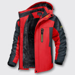 Red and black hooded waterproof winter jacket with full zipper and pocket accents