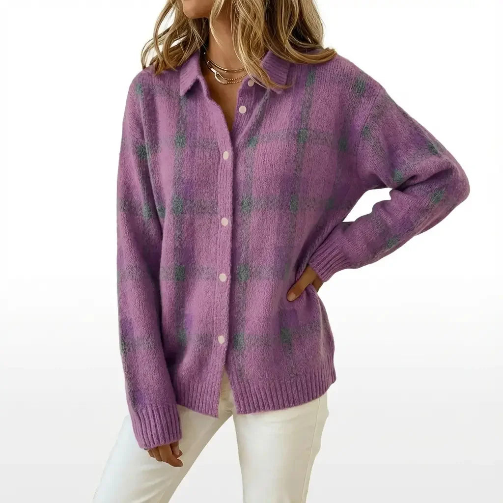 Purple plaid wool cardigan with button front and ribbed hem, long sleeves