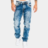 Light blue stretch jeans with a tapered leg, button fly, and worn-in denim texture