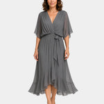 Gray chiffon V-neck wrap dress with tie waist, flutter sleeves and layered midi hem