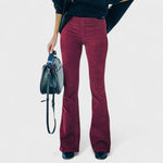 Burgundy corduroy flared pants with high rise and wide leg flare
