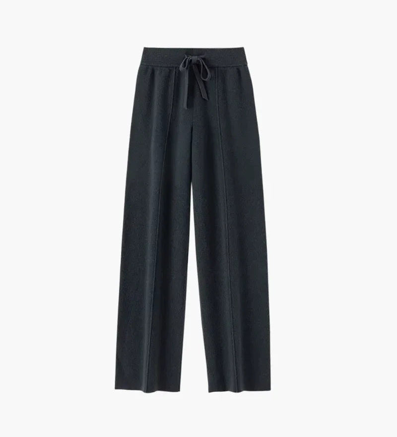 Pure merino wool trousers in navy with elastic drawstring waist and wide-leg silhouette