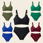 Assorted swimsuit colors: olive, emerald, black, blue, and burgundy bikini set