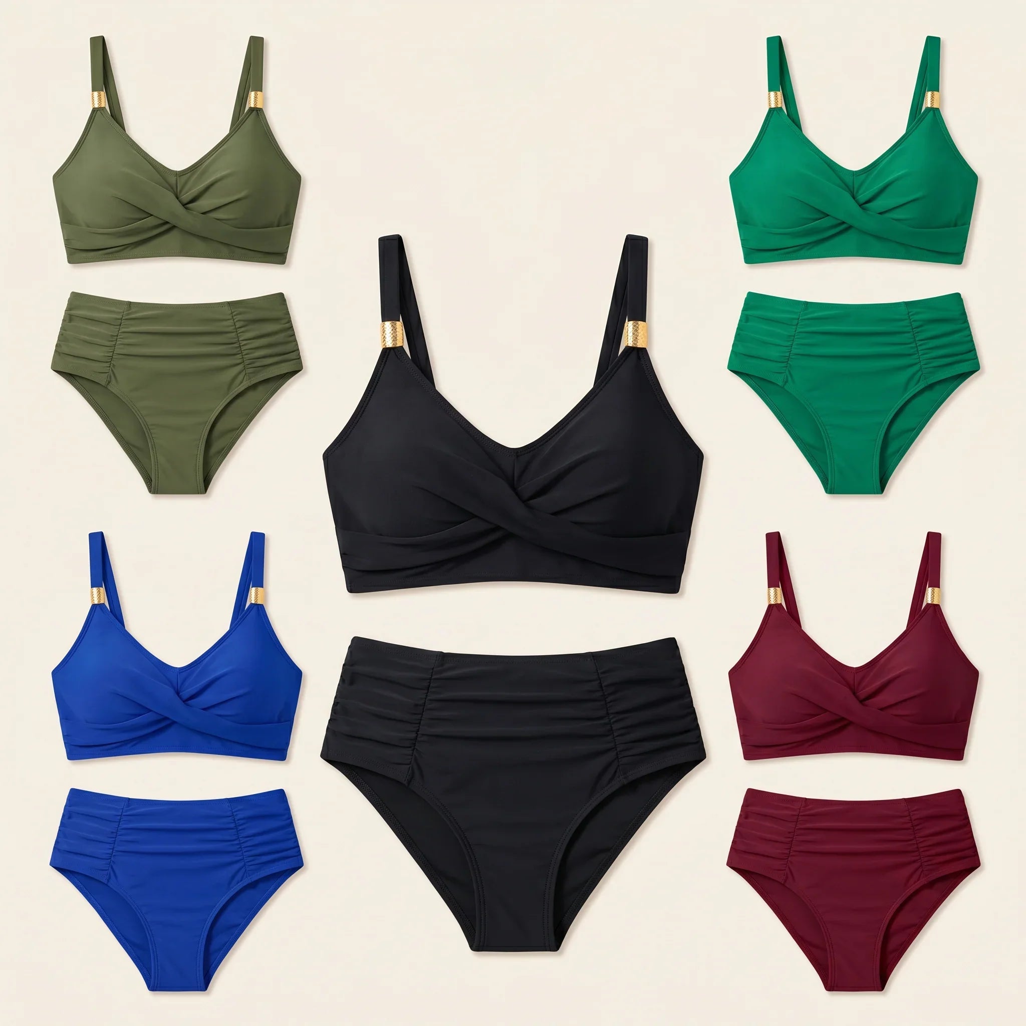 Assorted swimsuit colors: olive, emerald, black, blue, and burgundy bikini set