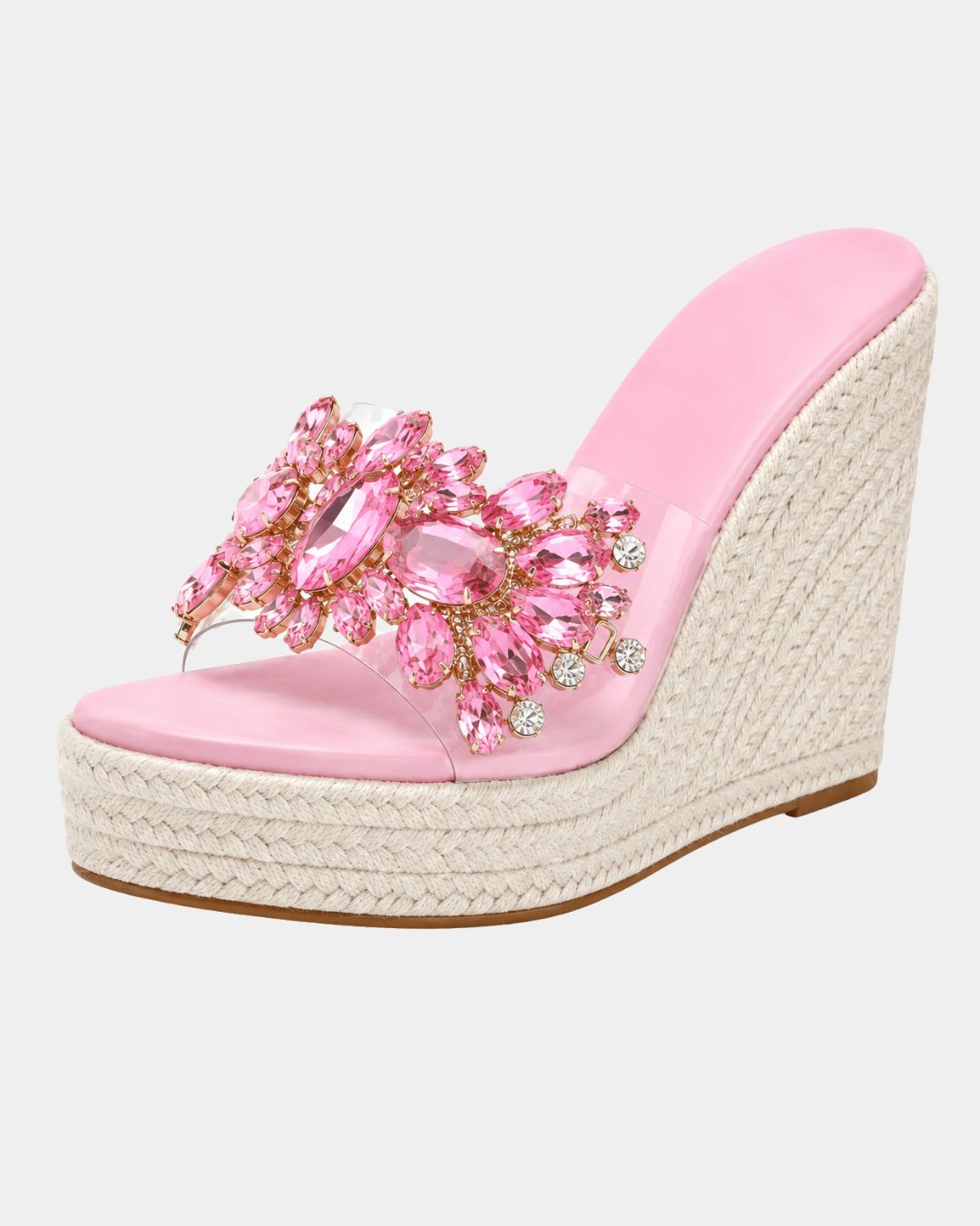 Pink heeled platform sandals with jeweled floral strap and woven jute wedge