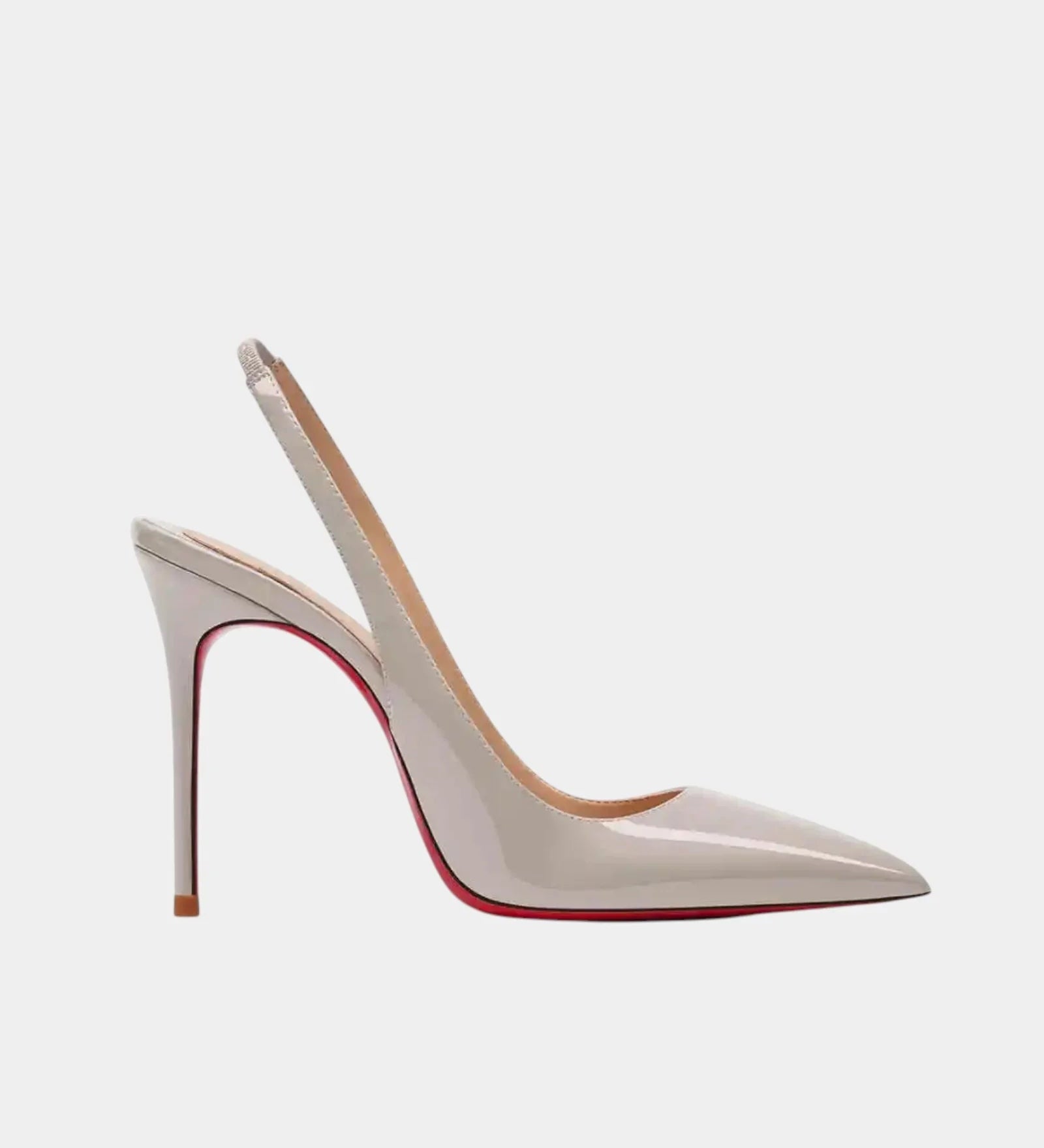 Shiny pale beige pointed-toe slingback heels with high stiletto heel and open back