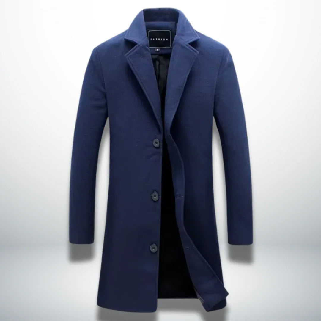 Men's dark blue single-breasted coat with notched lapels and four-button front