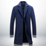 Men's dark blue single-breasted coat with notched lapels and four-button front