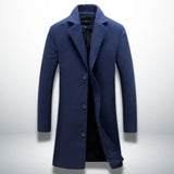 Men's dark blue single-breasted coat with notched lapels and four-button front