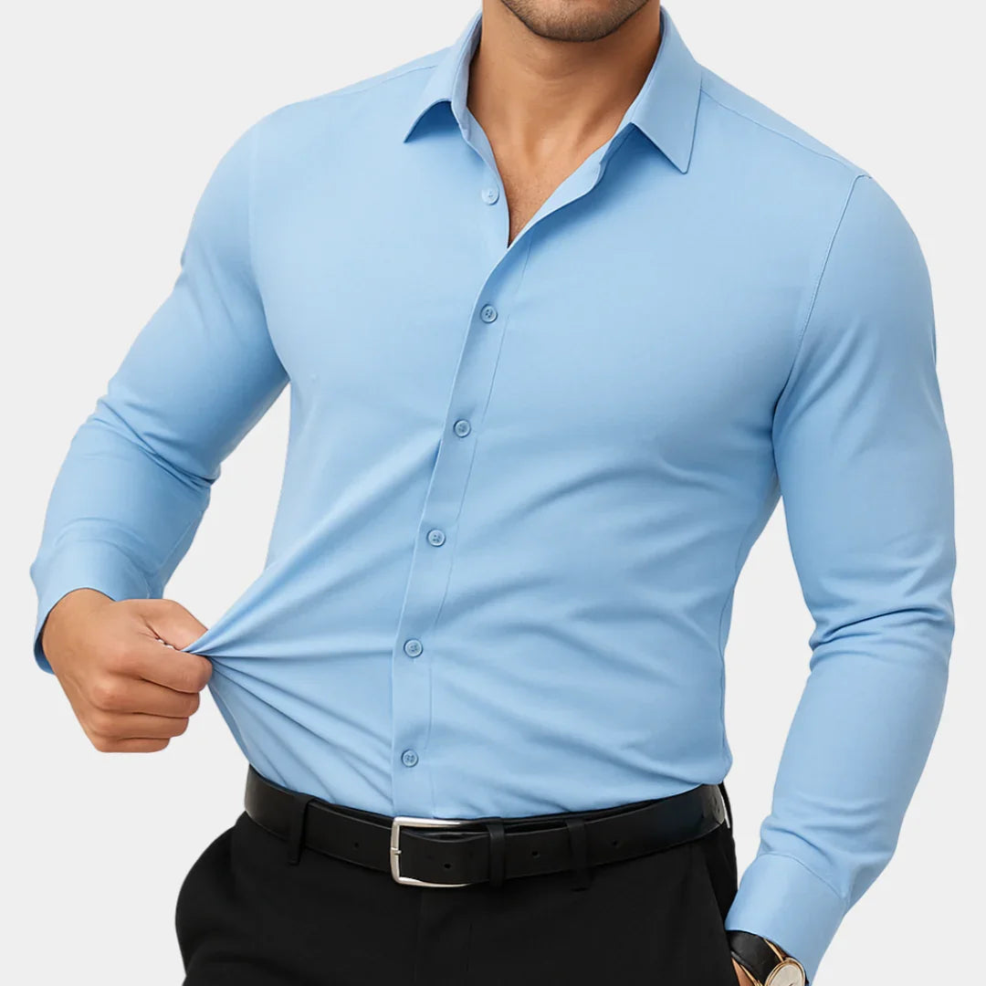 Men's sky blue stretch dress shirt with button-front and spread collar, long sleeves.