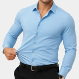 Men's sky blue stretch dress shirt with button-front and spread collar, long sleeves.