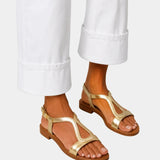 Gold T-strap open-toe sandals with low block heel and ankle strap