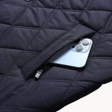 Navy quilted coat pocket with phone and zipper detail
