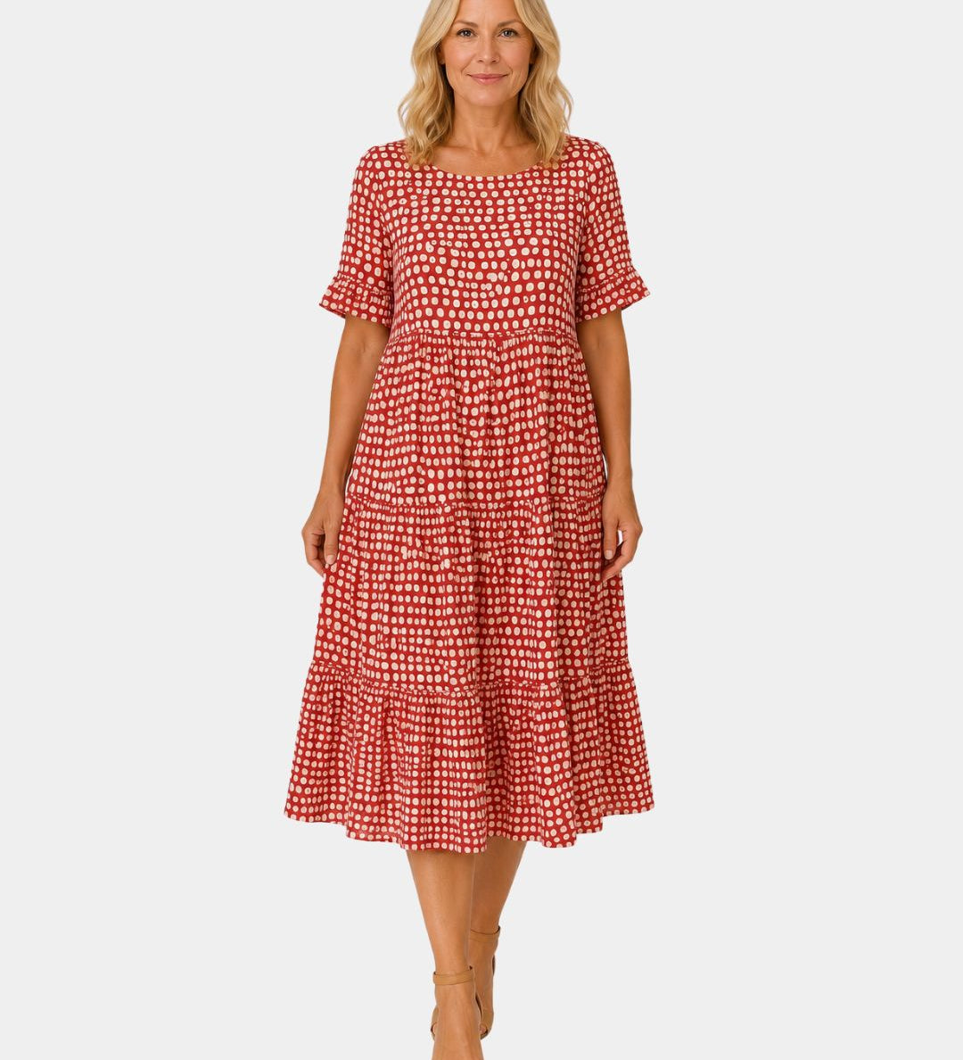 Red polka dot lightweight dress with short sleeves and gathered scoop neckline