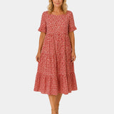 Red polka dot lightweight dress with short sleeves and gathered scoop neckline