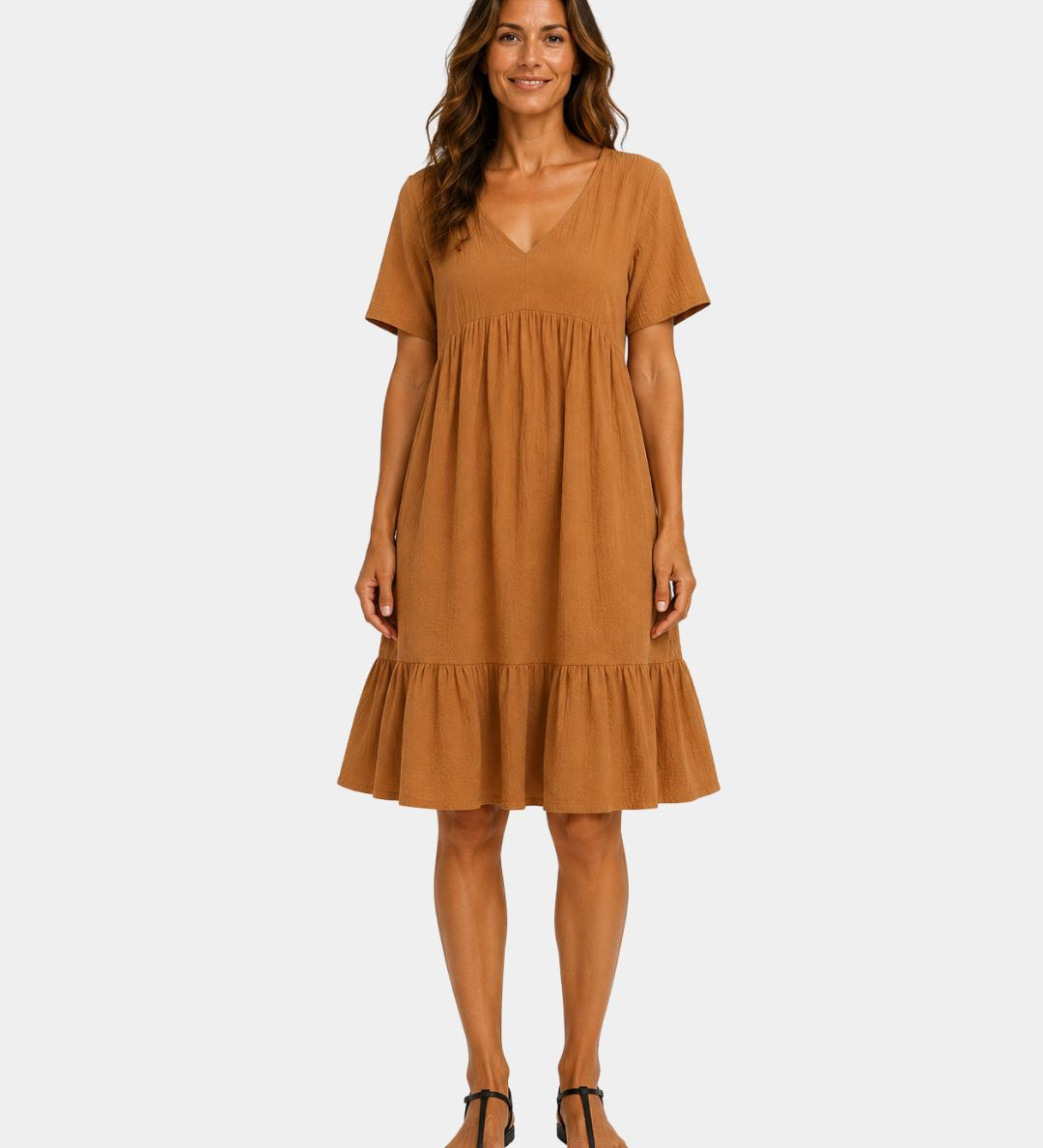 Brown textured V-neck midi dress with short sleeves and tiered skirt
