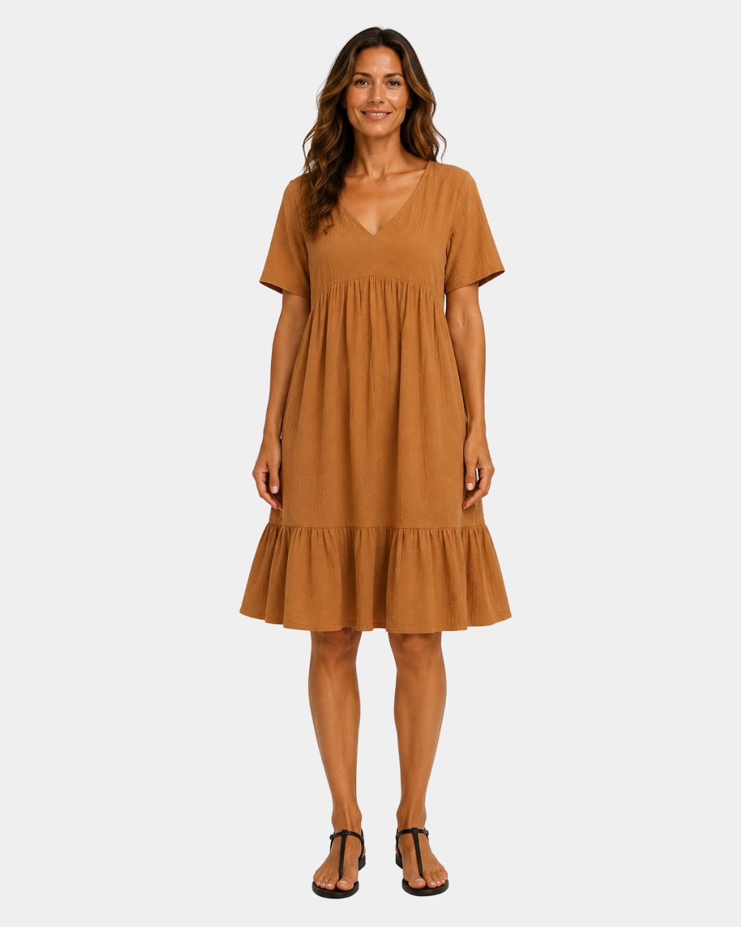 Brown textured V-neck midi dress with short sleeves and tiered skirt