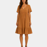 Brown textured V-neck midi dress with short sleeves and tiered skirt