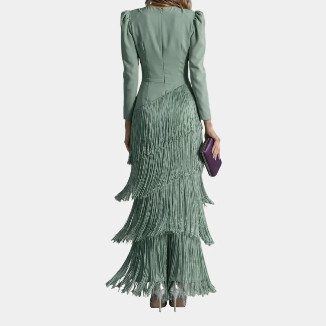 Light green midi dress in back view with tiered fringe layers