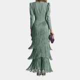 Light green midi dress in back view with tiered fringe layers