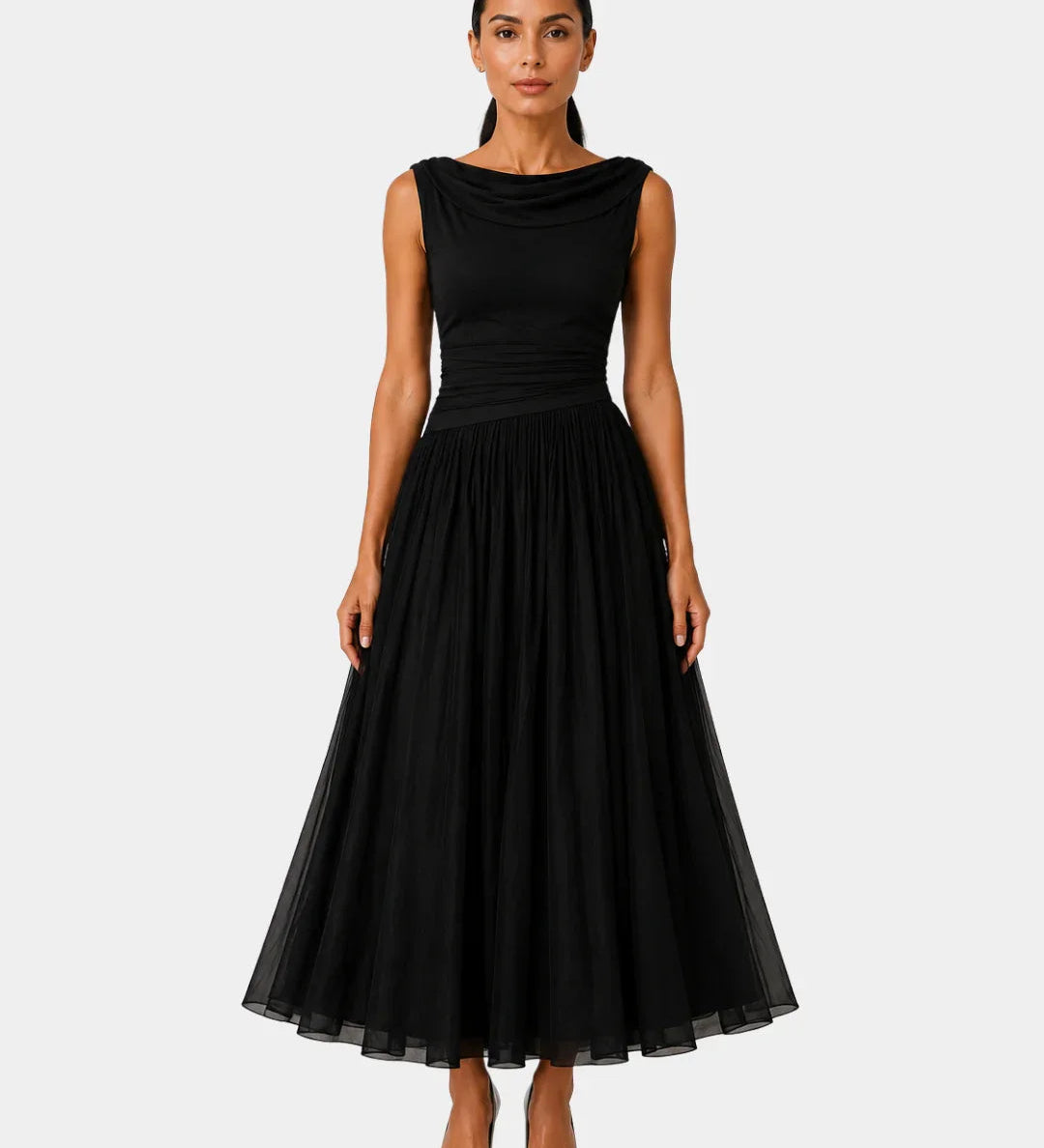 Odelinde sleeveless cowl-neck midi dress, black gathered waist pleated skirt