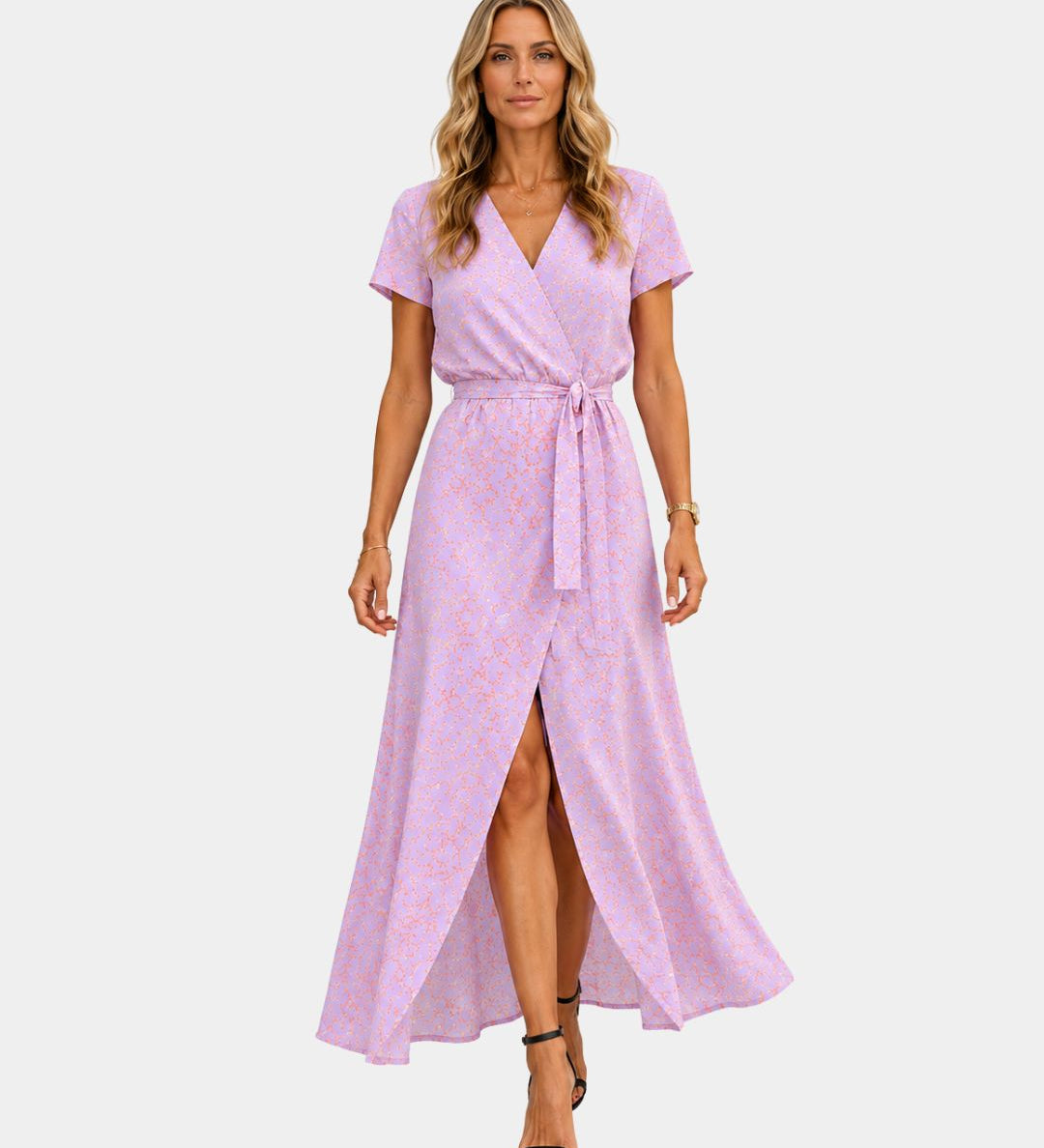 Women's wrap V-neck midi dress, short sleeves, light pink pattern, tie waist, front slit