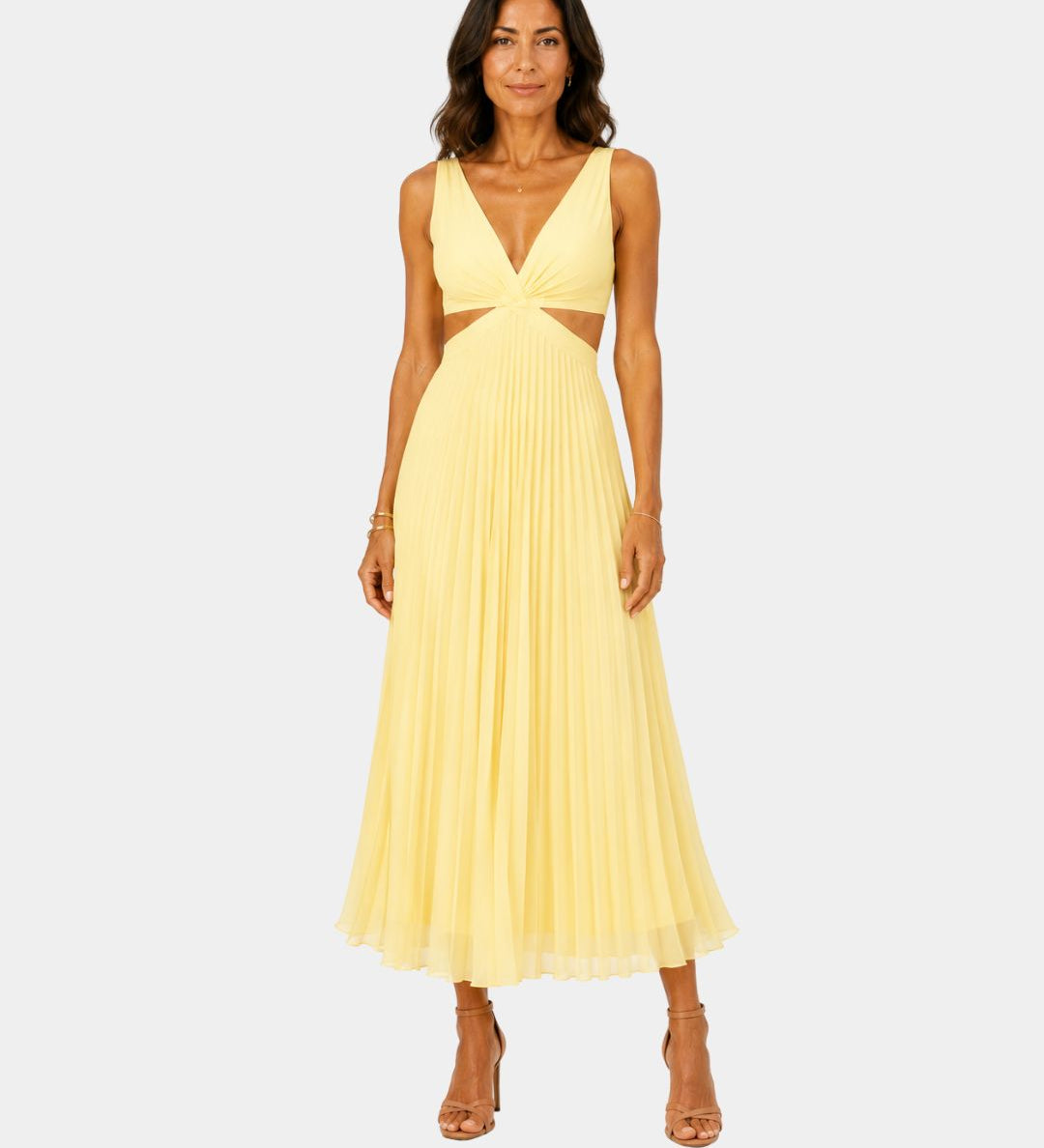 Yellow sleeveless V-neck long dress with pleated skirt and fitted cutout waist