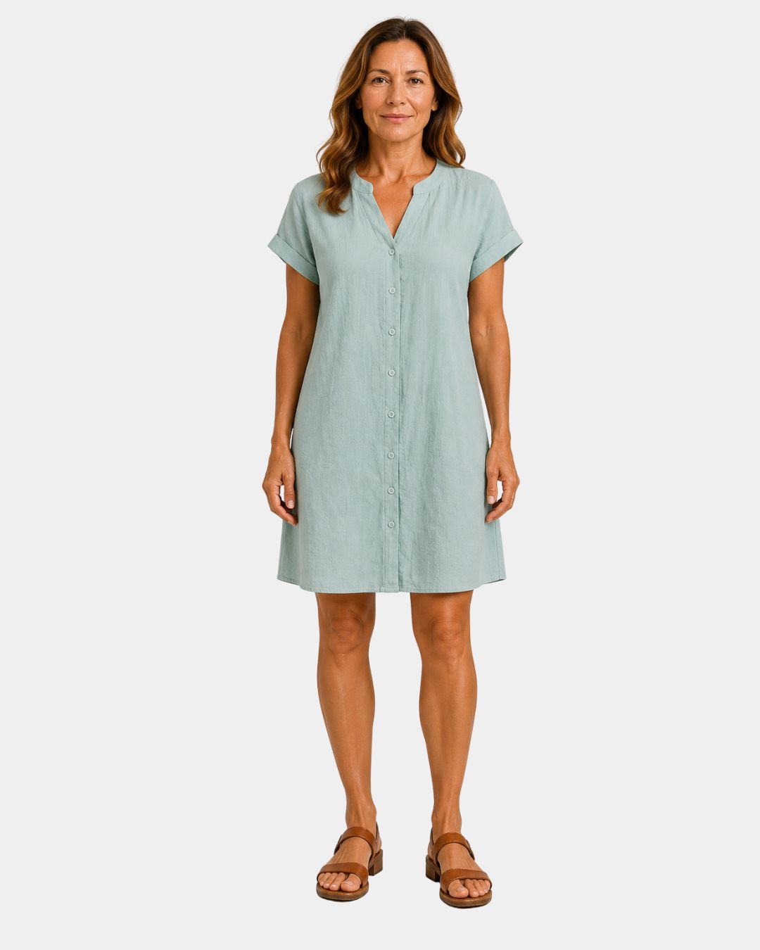 Women’s light dress in light blue, short sleeves, V-neck, button-front, above-knee length