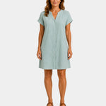 Women’s light dress in light blue, short sleeves, V-neck, button-front, above-knee length